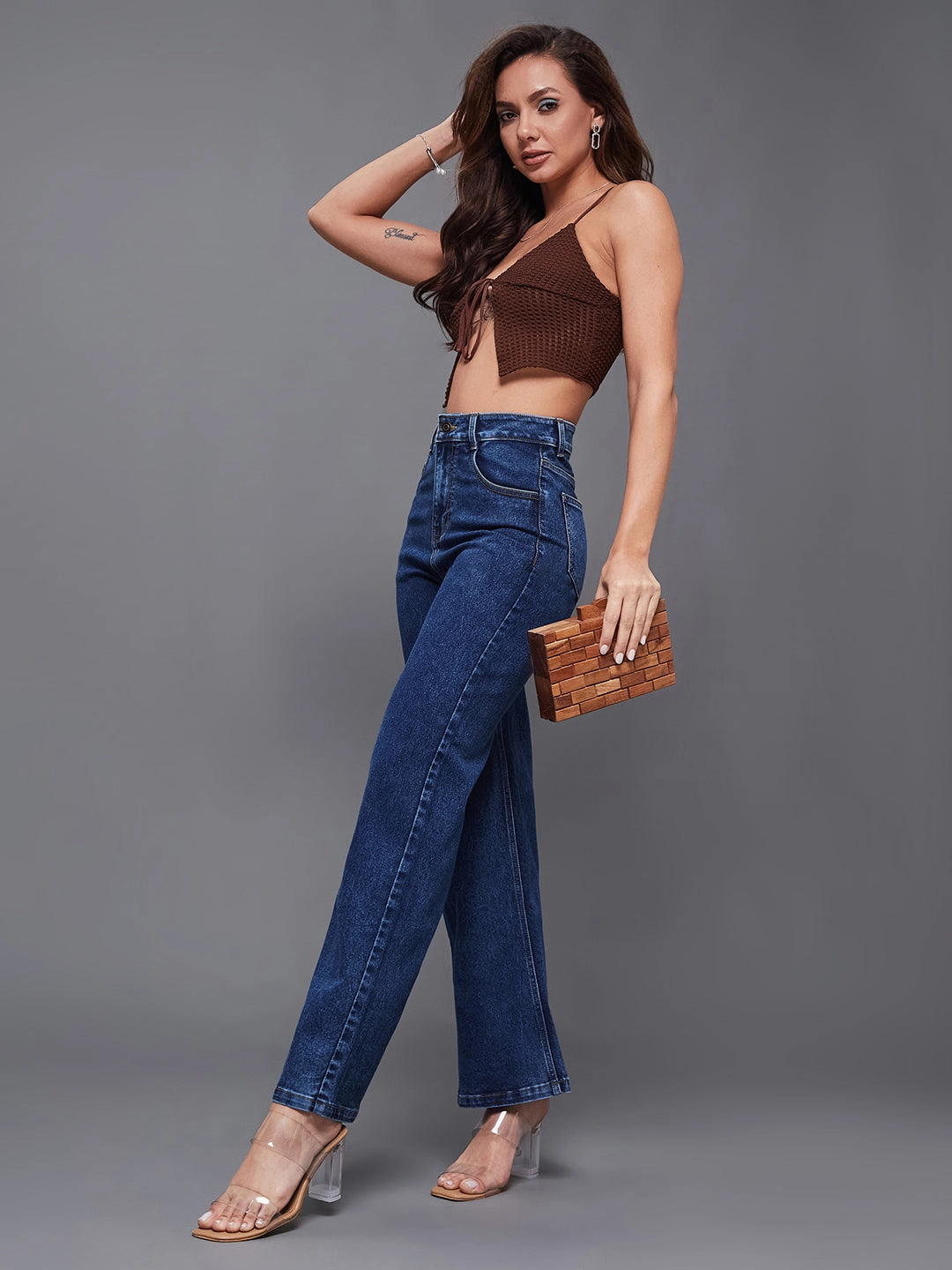 24/7 Comfort Mid-Blue Wide-Leg High-Rise Stretchable Denim Jeans Quick Dry Weave Technology