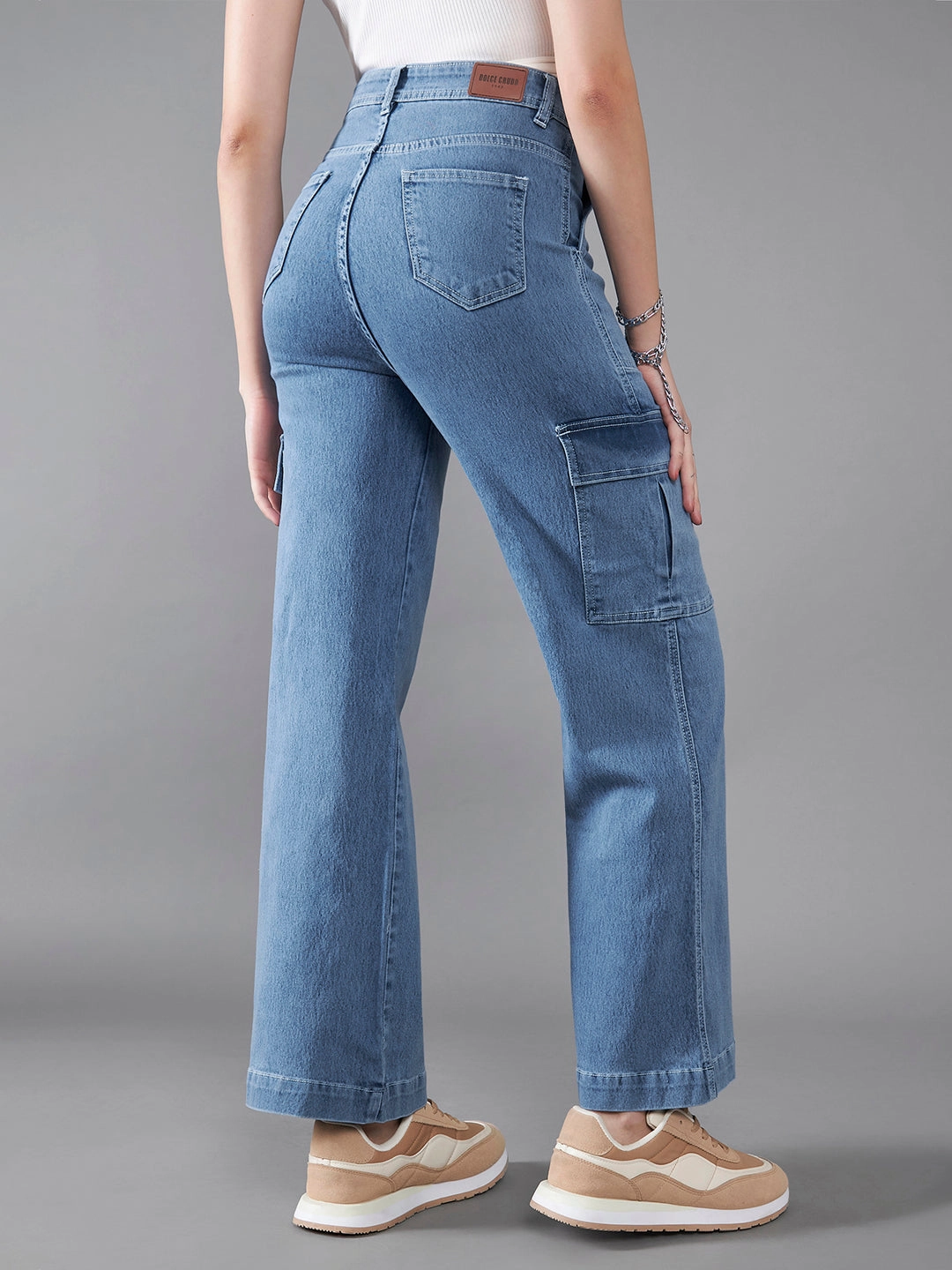 24/7 Comfort Mid-Blue Wide-Leg High-Rise Stretchable Denim Jeans Smooth Picnic Style Core Fit
