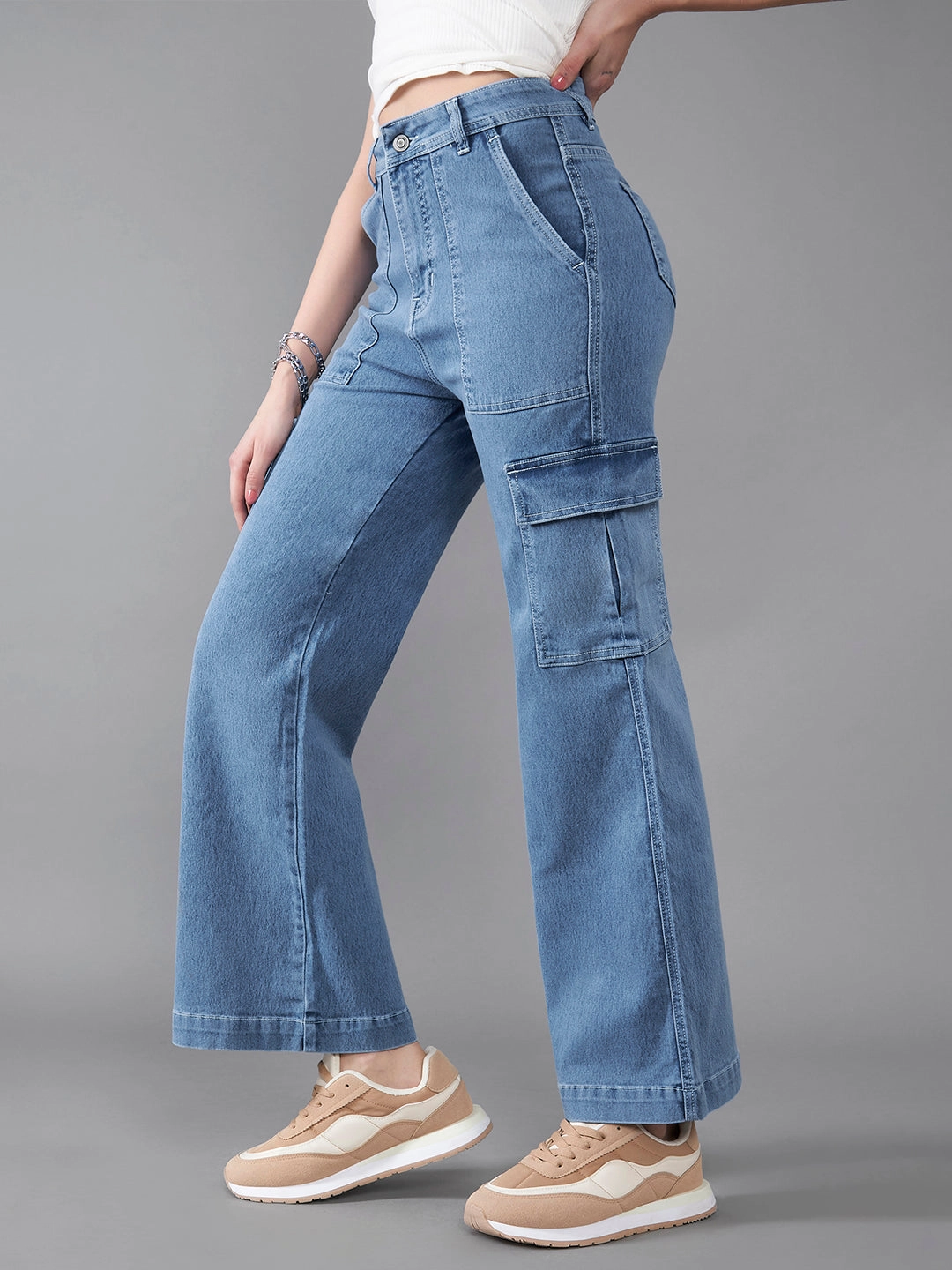 24/7 Comfort Mid-Blue Wide-Leg High-Rise Stretchable Denim Jeans High-End Style