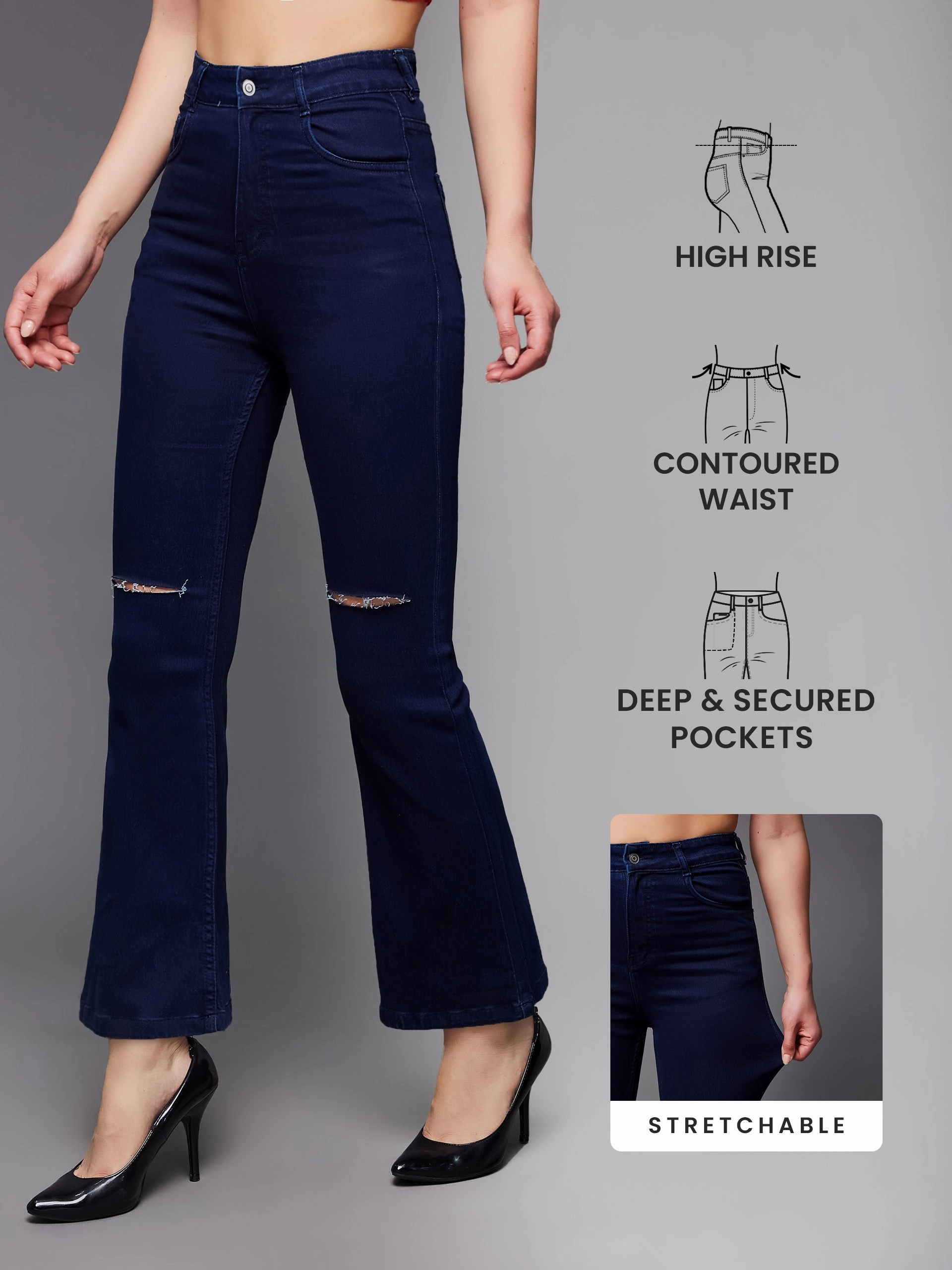 24/7 Comfort Navy-Blue Bell-Bottom Bootcut High-Rise Stretchable Denim Jeans Soft Aesthetic All Season Style