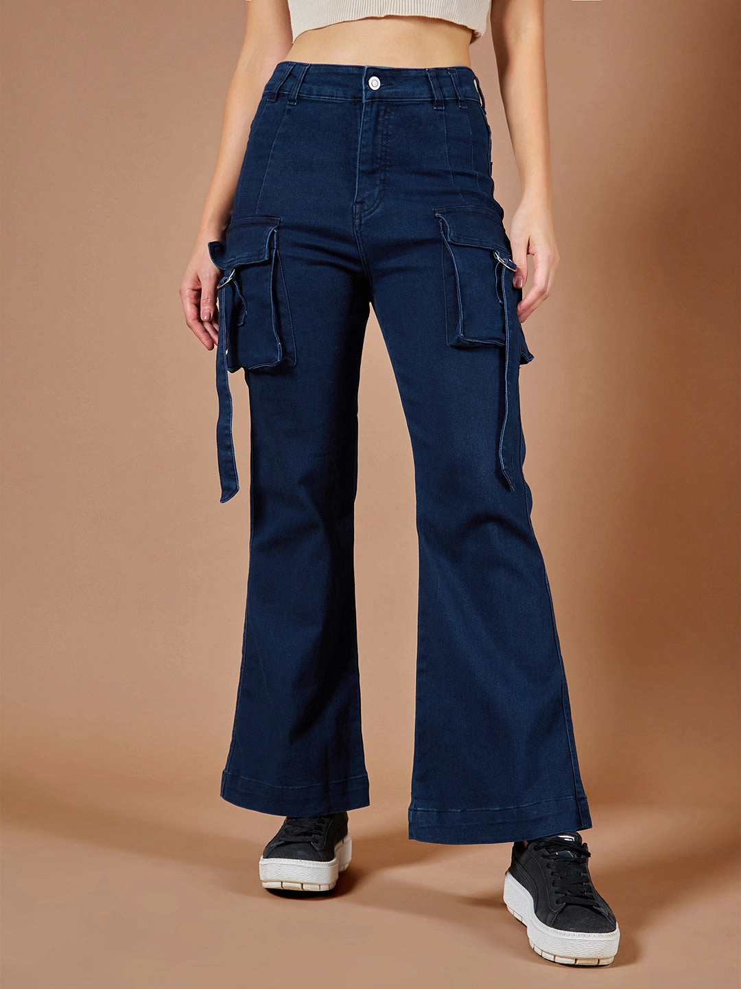 24/7 Comfort Navy-Blue Bell-Bottom Bootcut Hourglass High-Rise Stretchable Denim Jeans clean look