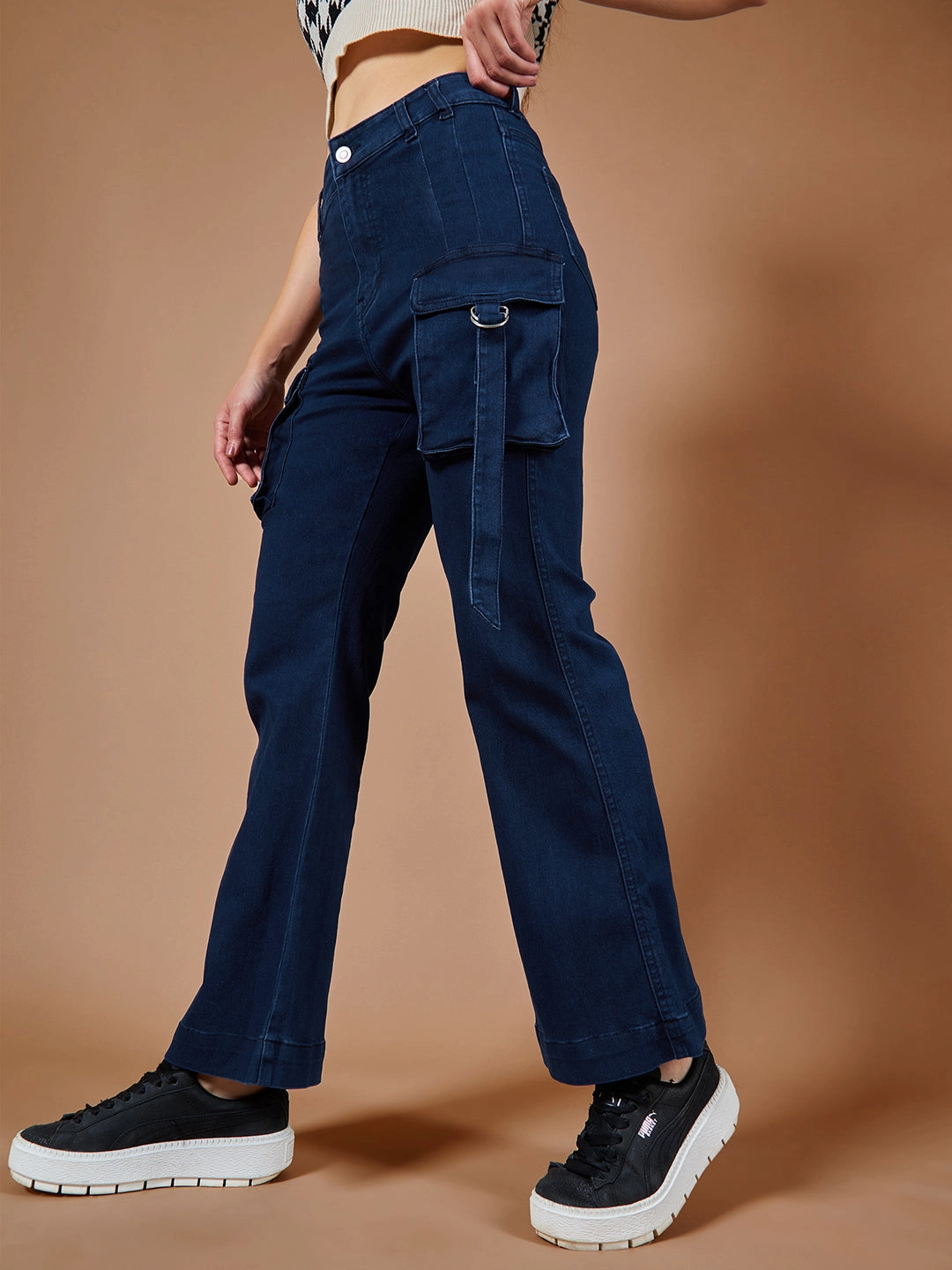 Solid Choice Effortless Choice 24/7 Comfort Navy-Blue Bell-Bottom Bootcut Hourglass High-Rise Stretchable Denim Jeans