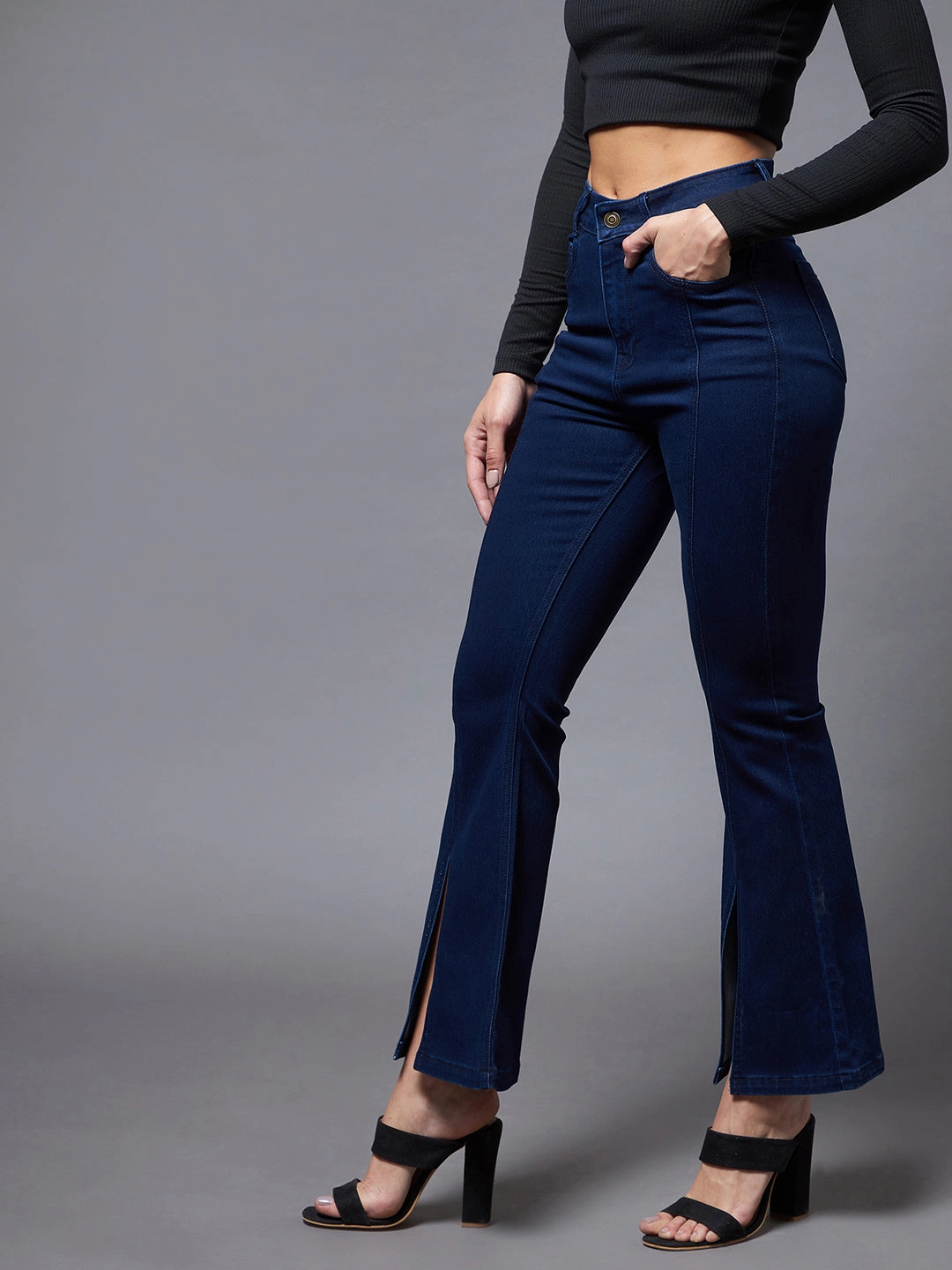 24/7 Comfort Navy-Blue Bell-Bottom Bootcut Hourglass High-Rise Stretchable Denim Slit Jeans Comfy Design