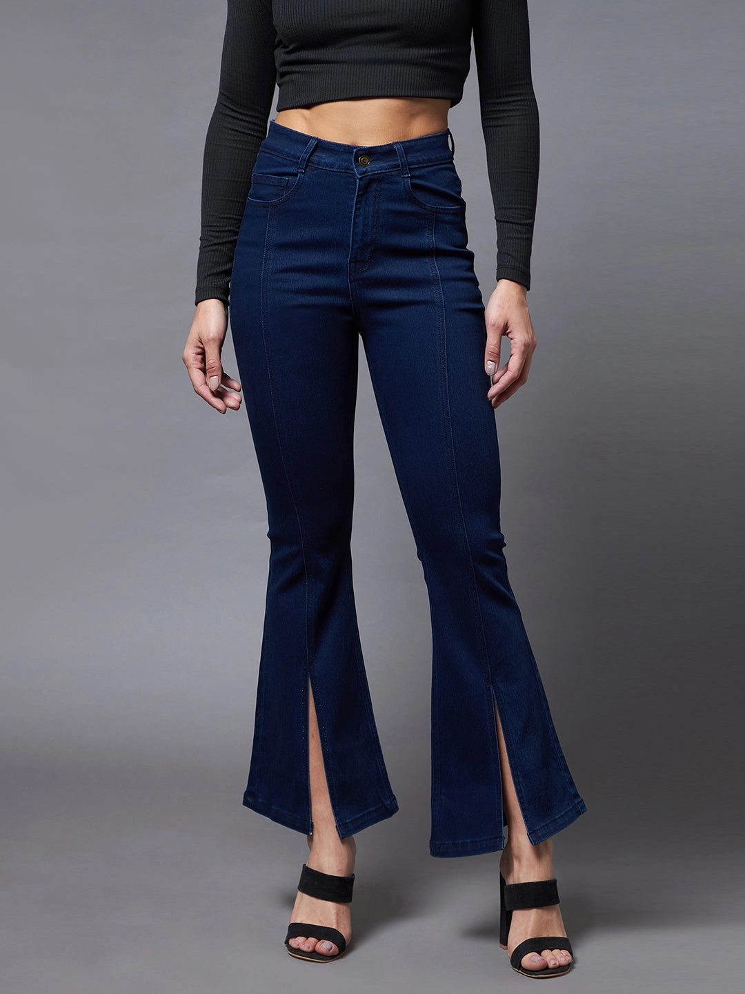 Casual Musthave 24/7 Comfort Navy-Blue Bell-Bottom Bootcut Hourglass High-Rise Stretchable Denim Slit Jeans