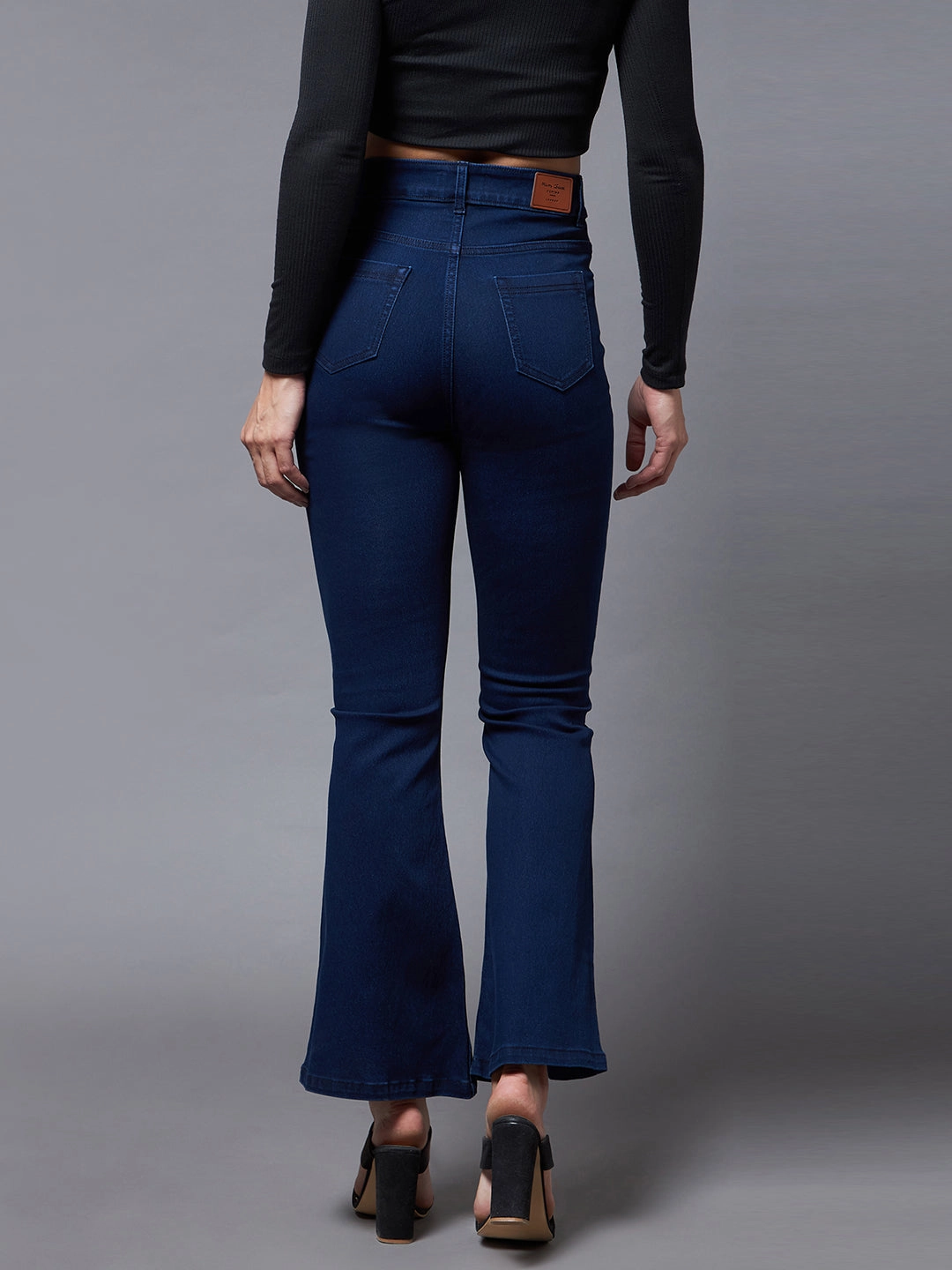 24/7 Comfort Navy-Blue Bell-Bottom Bootcut Hourglass High-Rise Stretchable Denim Slit Jeans Crosshatch Stitching Comfy Fit