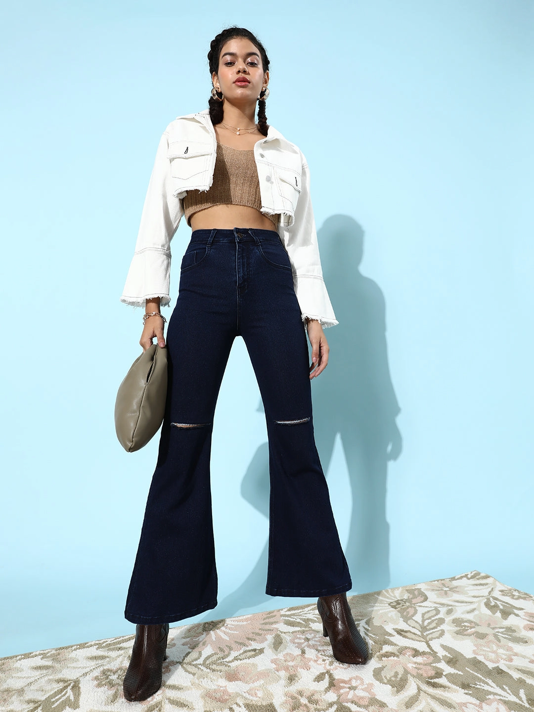 24/7 Comfort Navy-Blue Bell-Bottom Bootcut Hourglass High-Rise Stretchable Ripped Denim Jeans Premium Cotton Blend