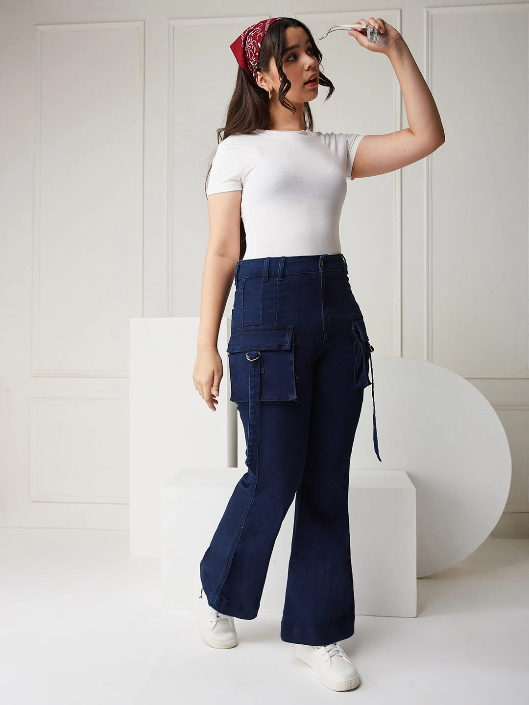 24/7 Comfort Navy-Blue Bootcut Cargo High-Rise Stretchable Denim Jeans Work Ready Neutral