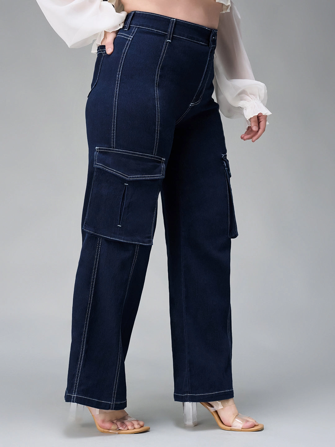 24/7 Comfort Navy-Blue Cargo Wide-Leg High-Rise Stretchable Baggy Denim Jeans Rainy Day Vintage Lover Stretch Road Trip Brunch Outfit