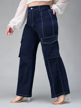 24/7 Comfort Navy-Blue Cargo Wide-Leg High-Rise Stretchable Baggy Denim Jeans Layer Staple Winter Warmth Professional Wear