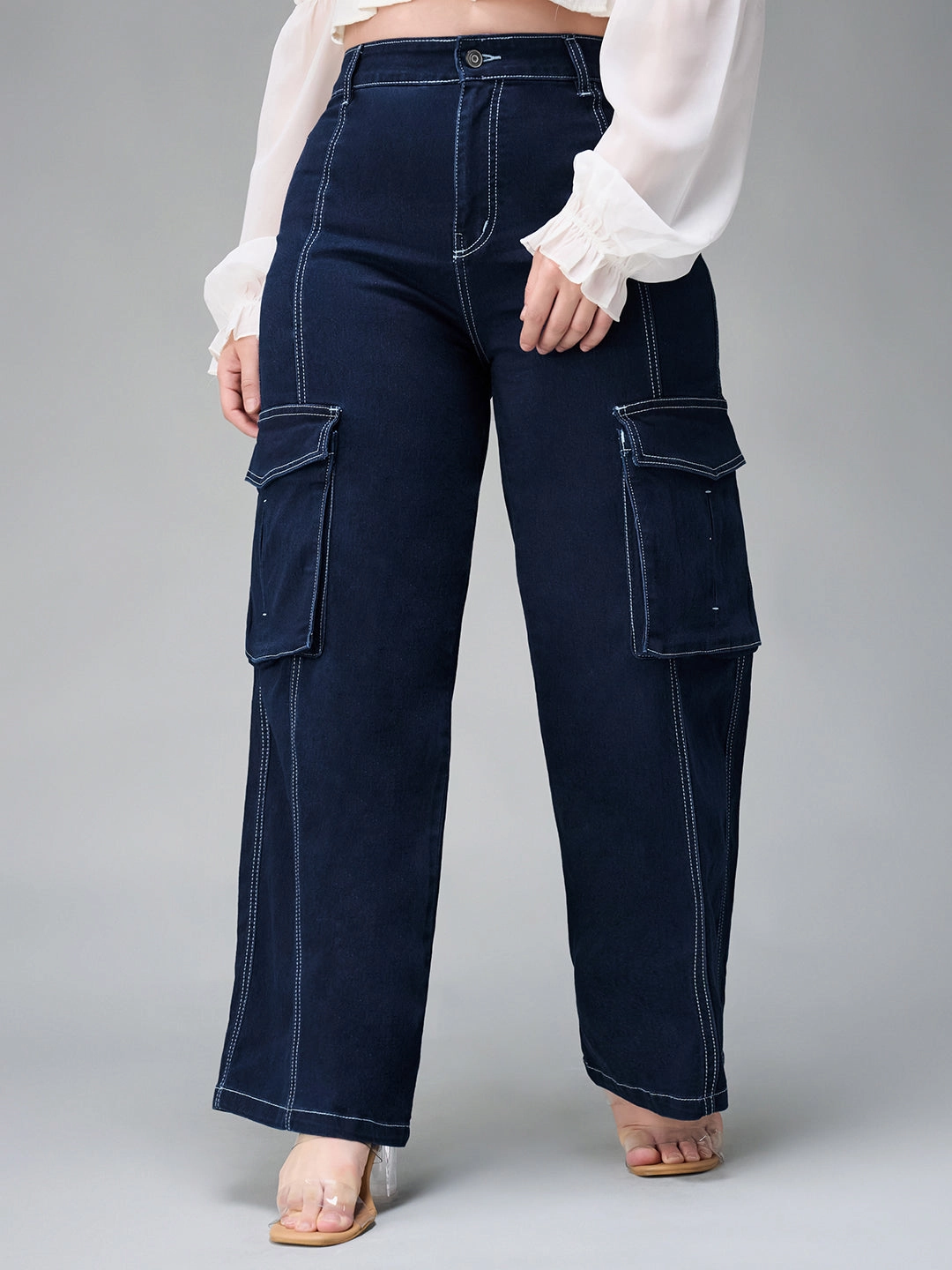 24/7 Comfort Navy-Blue Cargo Wide-Leg High-Rise Stretchable Baggy Denim Jeans Eco Friendly Lightweight Modern