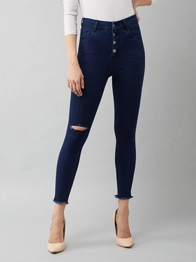 24/7 Comfort Navy-Blue Cotton Skinny-Fit Cropped High-Rise Stretchable Denim Jeans Riveted Stress Points Home Comfort Autumn Days Elegant