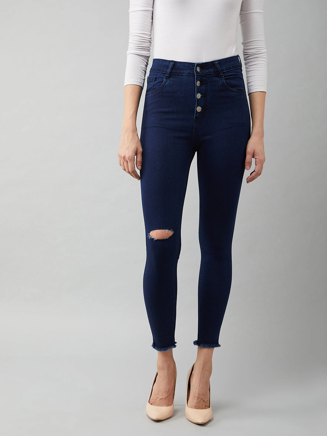 24/7 Comfort Navy-Blue Cotton Skinny-Fit Cropped High-Rise Stretchable Denim Jeans Effortless Layer
