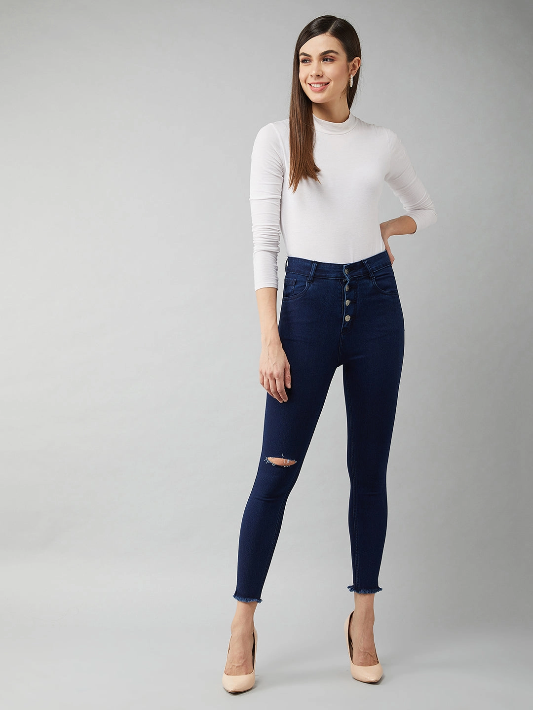 24/7 Comfort Navy-Blue Cotton Skinny-Fit Cropped High-Rise Stretchable Denim Jeans Soft Sustainable