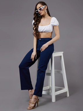 24/7 Comfort Navy-Blue flared High-Rise Stretchable Denim Jeans All Size Fit