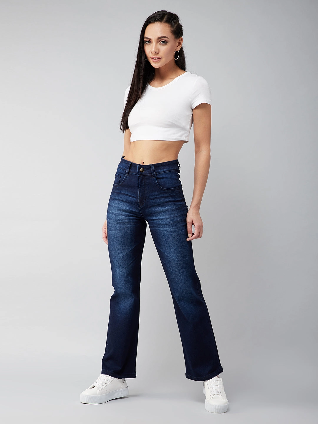 24/7 Comfort Navy-Blue Mid-Rise Stretchable Bell-Bottom Bootcut Denim Jeans Easy Wearing
