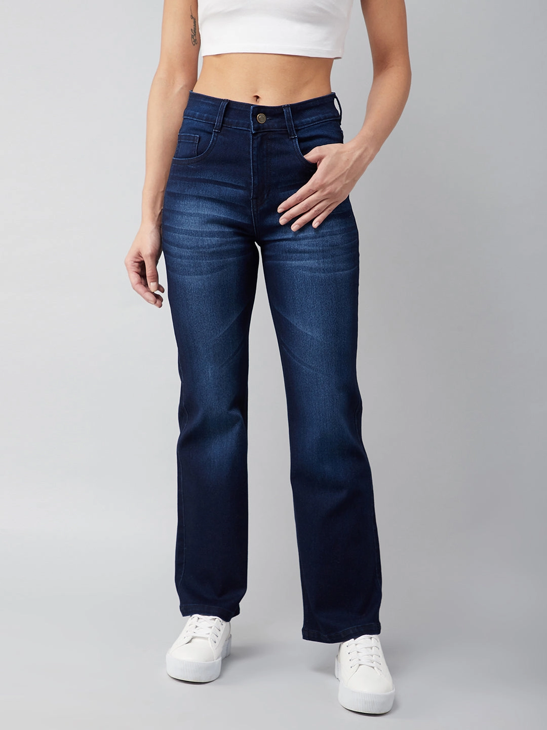 Comfortable Silhouette 24/7 Comfort Navy-Blue Mid-Rise Stretchable Bell-Bottom Bootcut Denim Jeans
