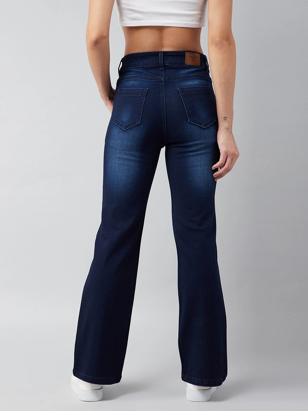 24/7 Comfort Navy-Blue Mid-Rise Stretchable Bell-Bottom Bootcut Denim Jeans Plain style Casual Movement