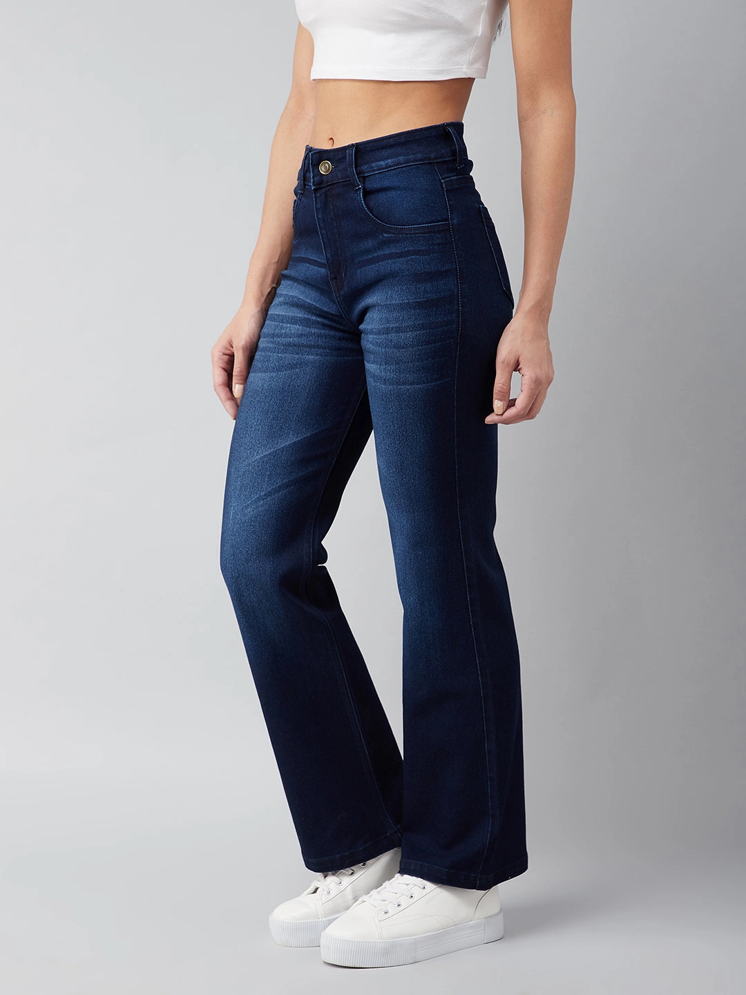 24/7 Comfort Navy-Blue Mid-Rise Stretchable Bell-Bottom Bootcut Denim Jeans Weekend Ready