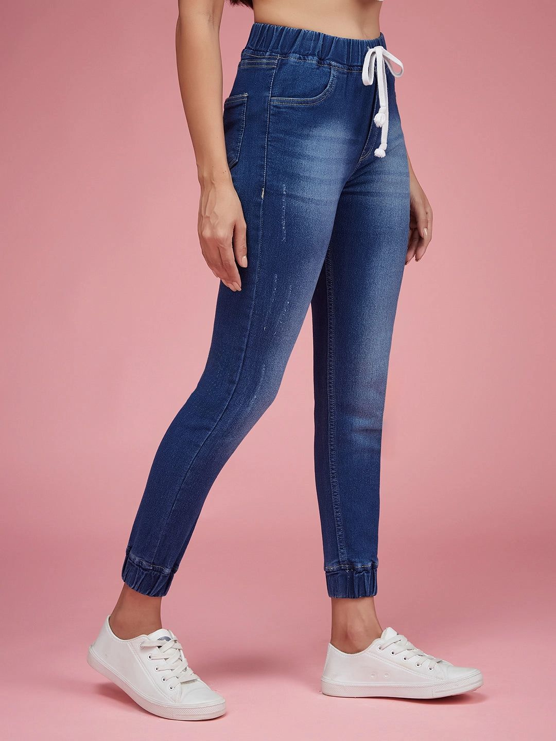 24/7 Comfort Navy Blue Relaxed Fit Mid Rise Denim Stretchable Jogger Pants Streetwear Fan Family Style All Around Fit