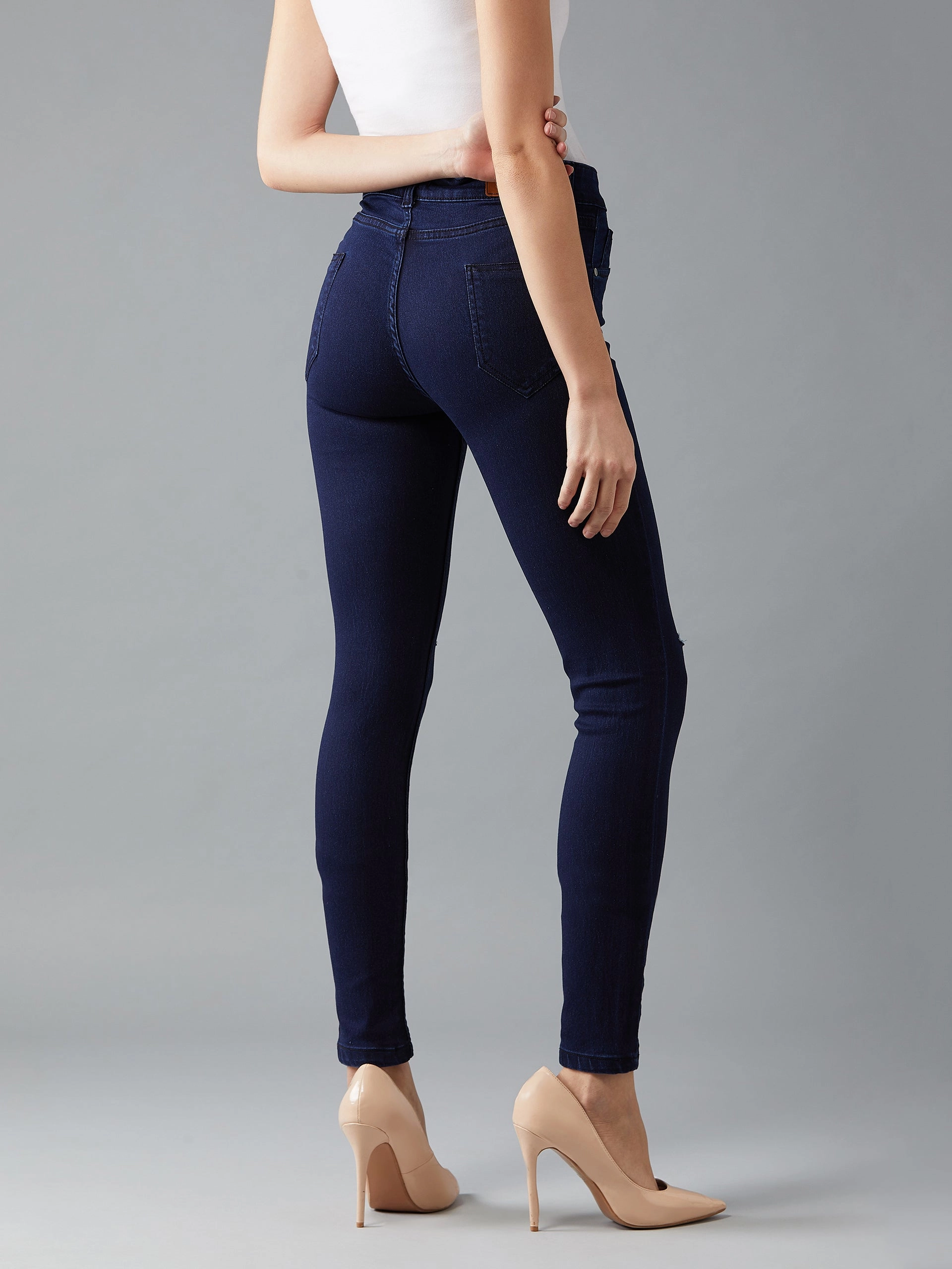 24/7 Comfort Navy-Blue Skinny-Fit High-Rise Knee-Slit Stretchable Denim Jeans Urban Style