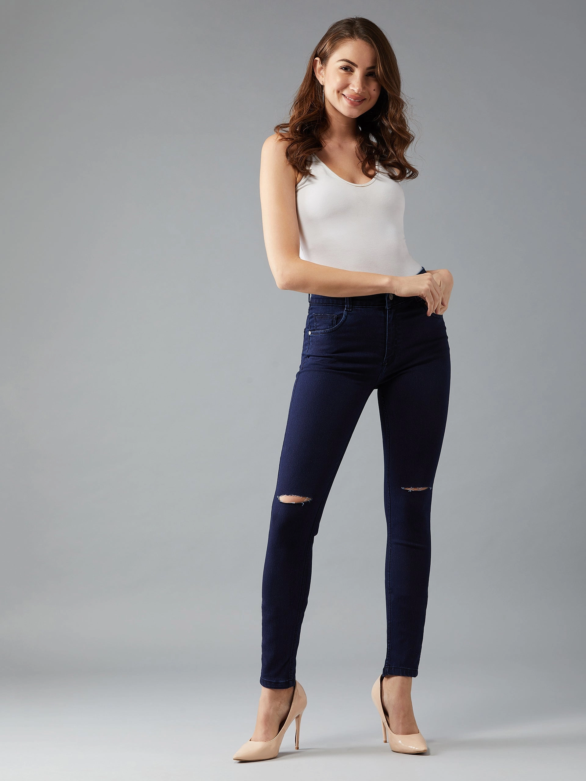24/7 Comfort Navy-Blue Skinny-Fit High-Rise Knee-Slit Stretchable Denim Jeans Go-To Basic
