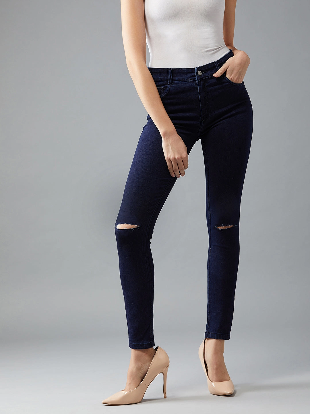 24/7 Comfort Navy-Blue Skinny-Fit High-Rise Knee-Slit Stretchable Denim Jeans Wear It All
