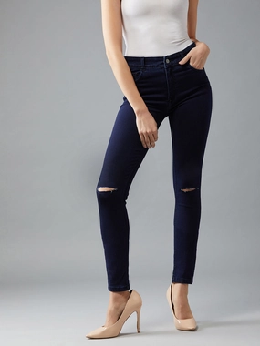 24/7 Comfort Navy-Blue Skinny-Fit High-Rise Knee-Slit Stretchable Denim Jeans Wear It All