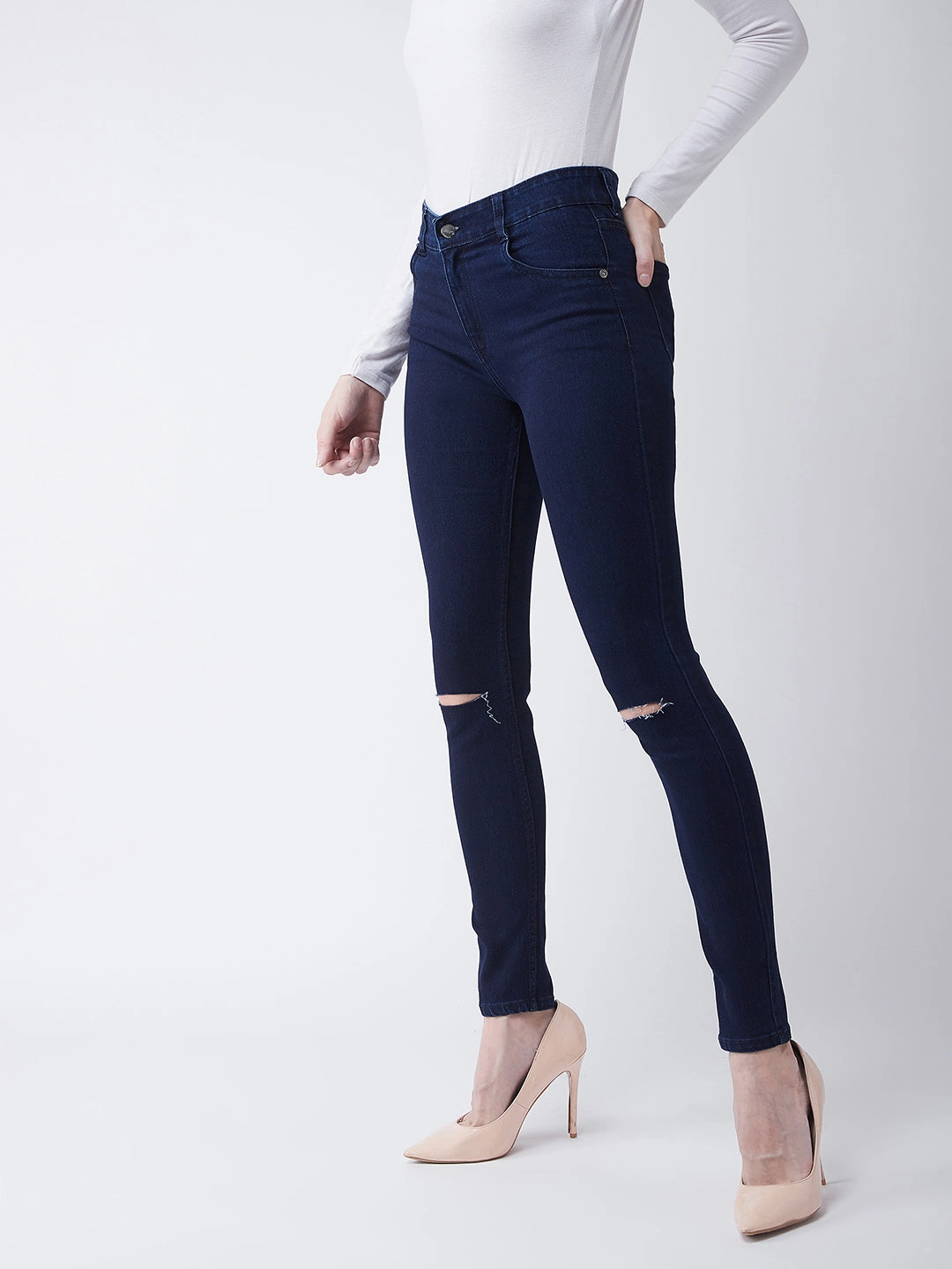 24/7 Comfort Navy-Blue Skinny-Fit High-Rise Knee-Slit Stretchable Denim Jeans Eco Friendly Dye