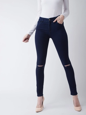 Tapered Leg Profile 24/7 Comfort Navy-Blue Skinny-Fit High-Rise Knee-Slit Stretchable Denim Jeans