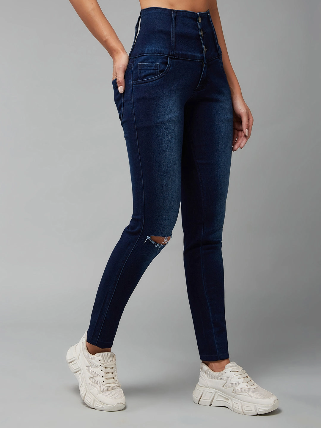 Outfit Essential Outfit Routine 24/7 Comfort Navy-Blue Skinny-Fit High-Rise Knee-Slit Stretchable High-Rise Denim Jeans