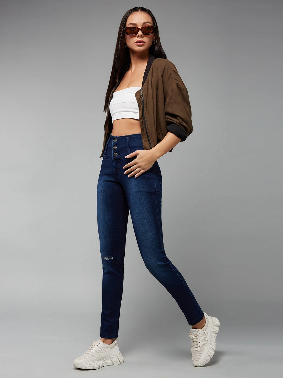 Durable Minimalist Style Party Look 24/7 Comfort Navy-Blue Skinny-Fit High-Rise Knee-Slit Stretchable High-Rise Denim Jeans