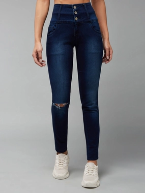 24/7 Comfort Navy-Blue Skinny-Fit High-Rise Knee-Slit Stretchable High-Rise Denim Jeans Relaxed Style Neutral Yearlong Fit