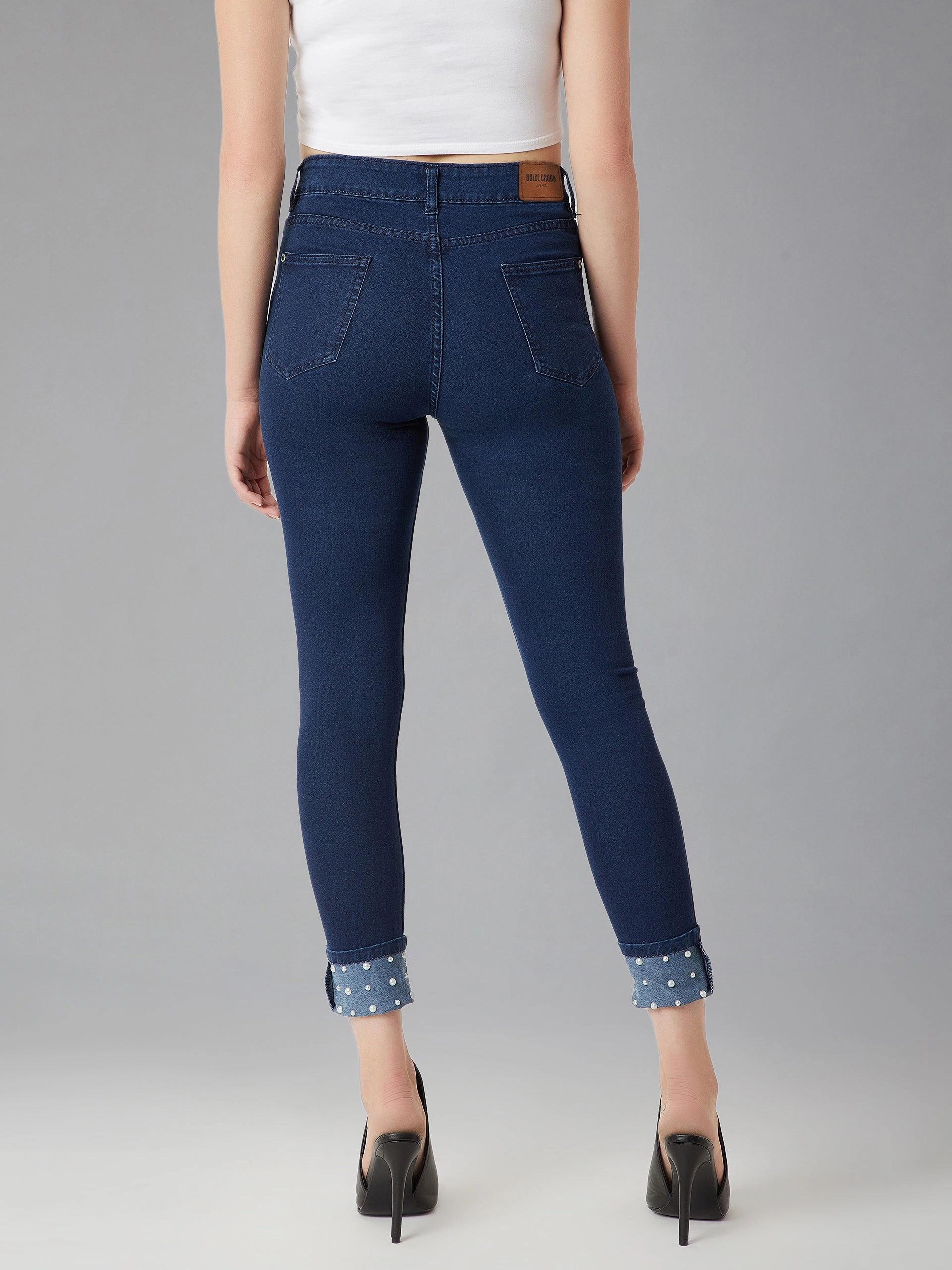 24/7 Comfort Navy-Blue Skinny-Fit High-Rise Pearl Embellished Stretchable Denim Jeans Outfit Formula Comfortable Design Look