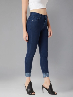 Pre Shrunk Fabric 24/7 Comfort Navy-Blue Skinny-Fit High-Rise Pearl Embellished Stretchable Denim Jeans