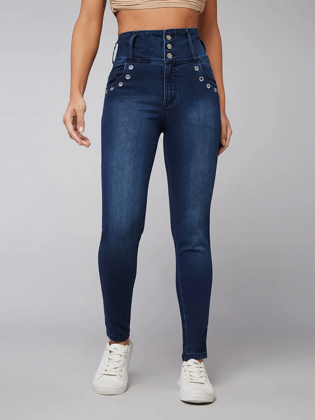 Elegant Party Look Winter Warmth Year Round Piece 24/7 Comfort Navy Blue Skinny-Fit High-Rise Stretchable Denim Pants