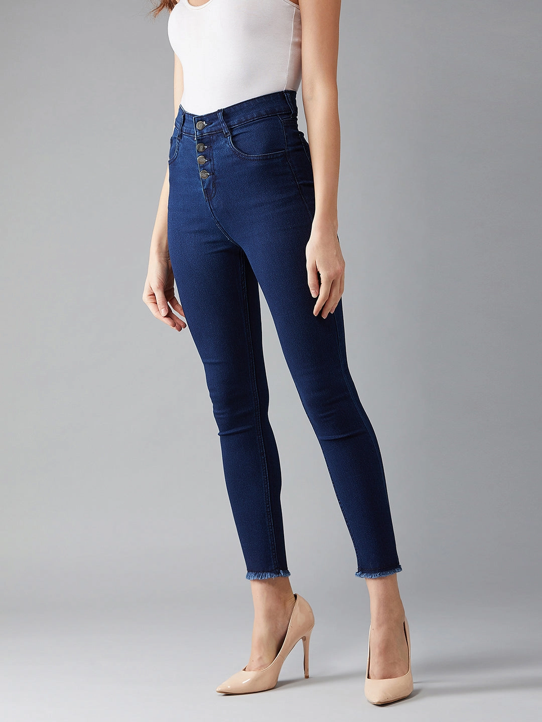 Travel Essential 24/7 Comfort Navy-Blue Skinny High-Rise Fringed Hemline Cropped Stretchable Denim Jeans