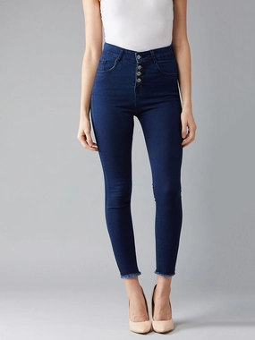 Year Round Holiday Vibes Athlete Fit 24/7 Comfort Navy-Blue Skinny High-Rise Fringed Hemline Cropped Stretchable Denim Jeans