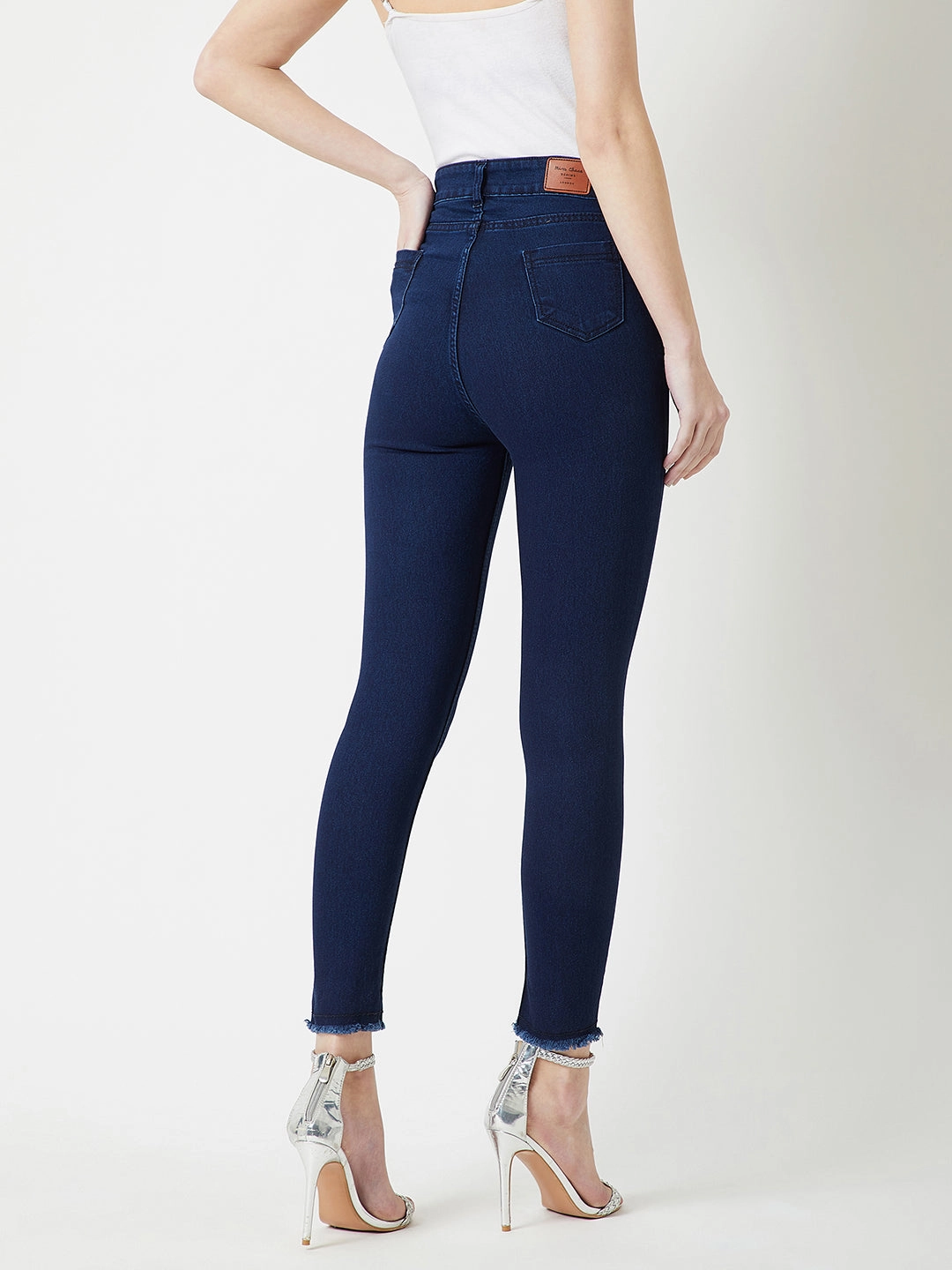 24/7 Comfort Navy-Blue Skinny High-Rise Solid Cropped Fringed Hemline Stretchable Denim Jeans Timeless Comfort