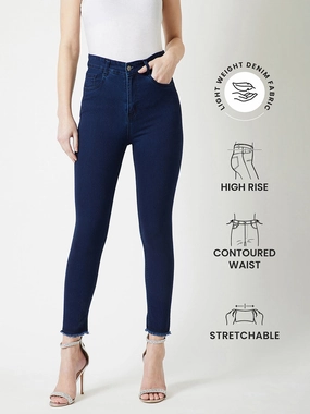 Standard Piece Reliable Fit 24/7 Comfort Navy-Blue Skinny High-Rise Solid Cropped Fringed Hemline Stretchable Denim Jeans