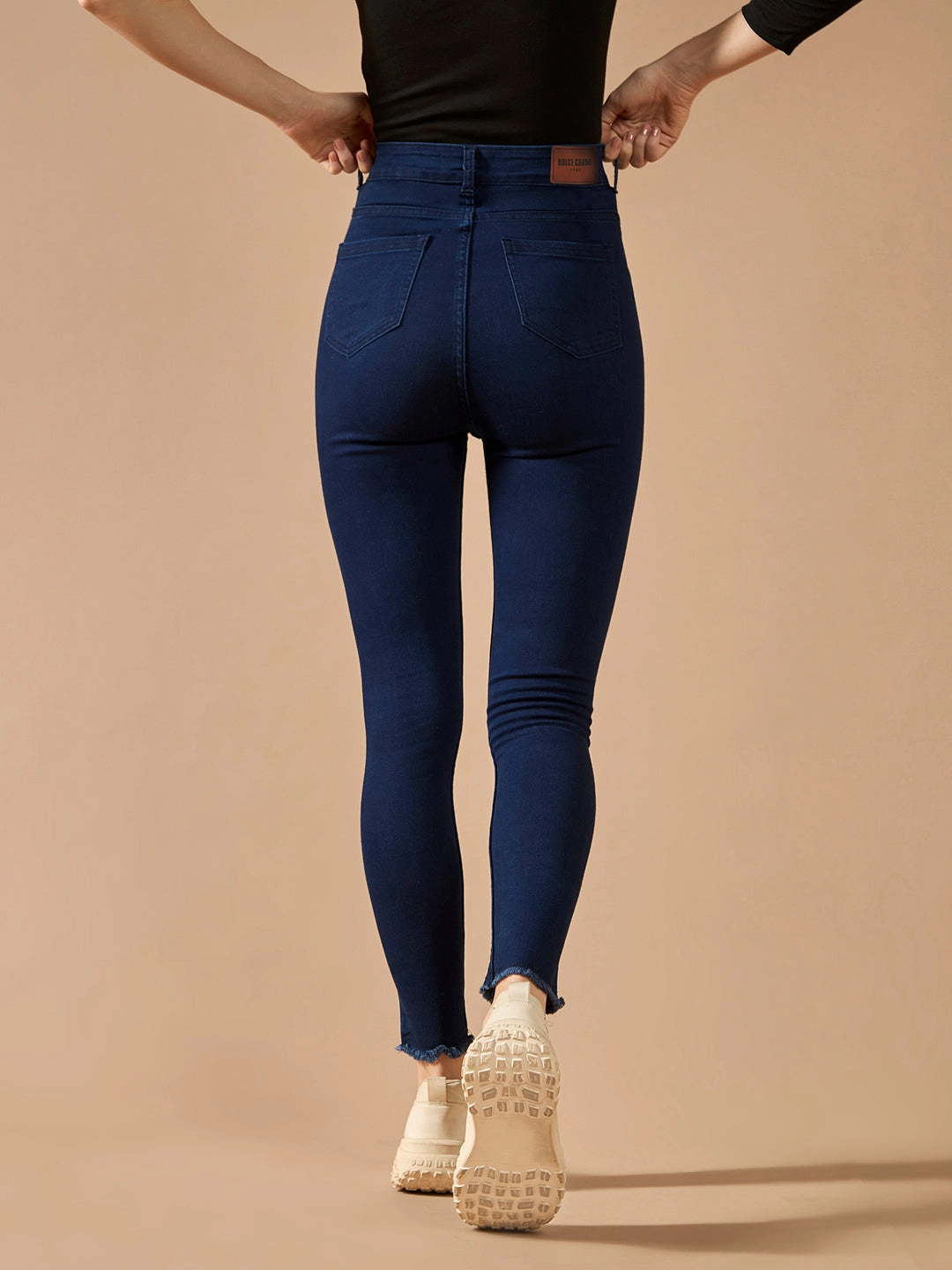 Timeless Look 24/7 Comfort Navy-Blue Skinny High-Rise Solid Cropped Fringed Hemline Stretchable Denim Jeans