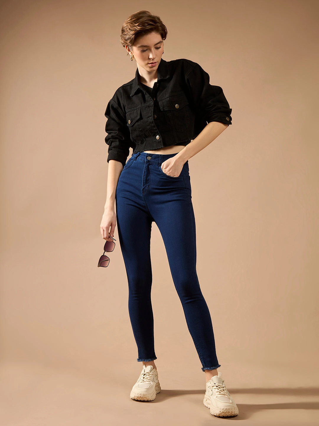 24/7 Comfort Navy-Blue Skinny High-Rise Solid Cropped Fringed Hemline Stretchable Denim Jeans Everyday Loose Music Event Outfit Base