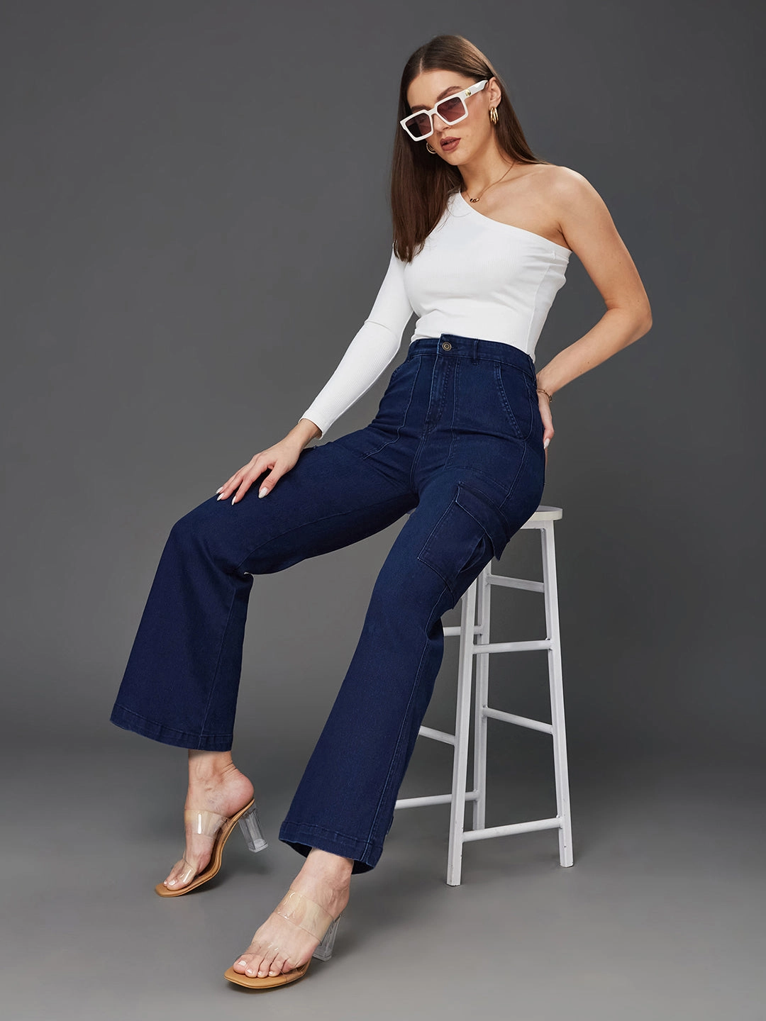 Holiday Vibes Stretch 24/7 Comfort Navy Blue Wide-Leg High-Rise Clean-Look Regular-Length Stretchable Denim Cargo Jeans