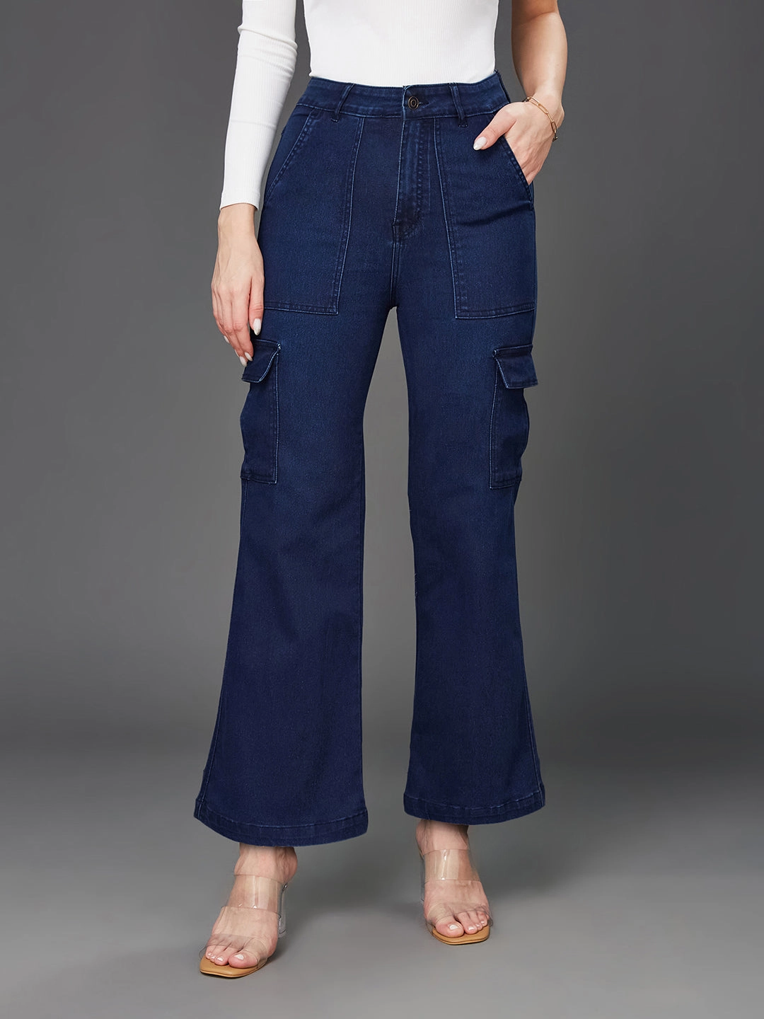 24/7 Comfort Navy Blue Wide-Leg High-Rise Clean-Look Regular-Length Stretchable Denim Cargo Jeans Outdoor Adventure Party Look Youth Style