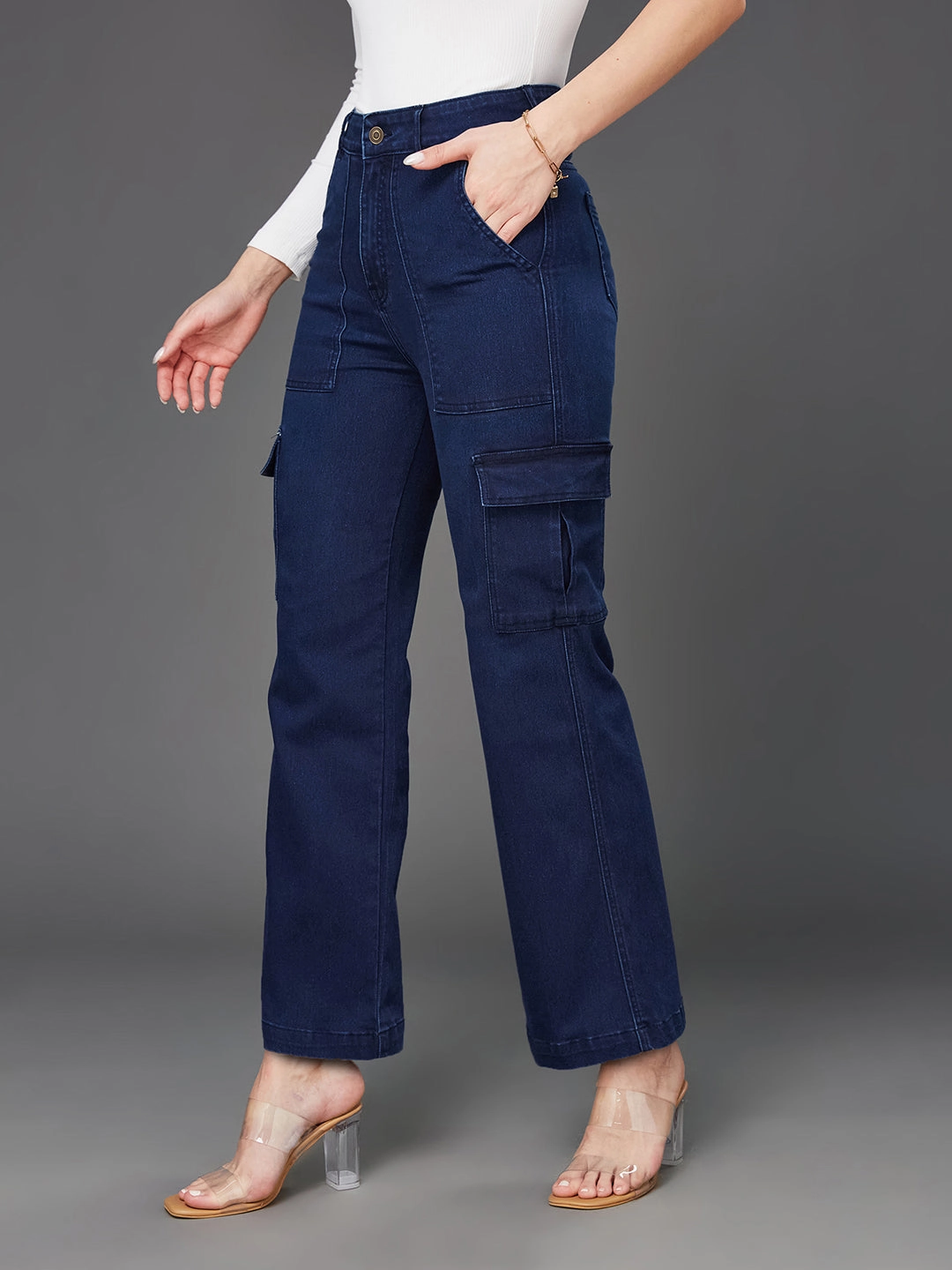 Stretch Minimalist 24/7 Comfort Navy Blue Wide-Leg High-Rise Clean-Look Regular-Length Stretchable Denim Cargo Jeans