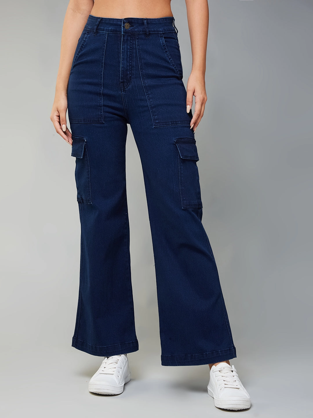 Chill Outfit Spring Mood Evening Stroll Stretch Breathable 24/7 Comfort Navy Blue Wide-Leg High-Rise Clean-Look Regular-Length Stretchable Denim Cargo Jeans