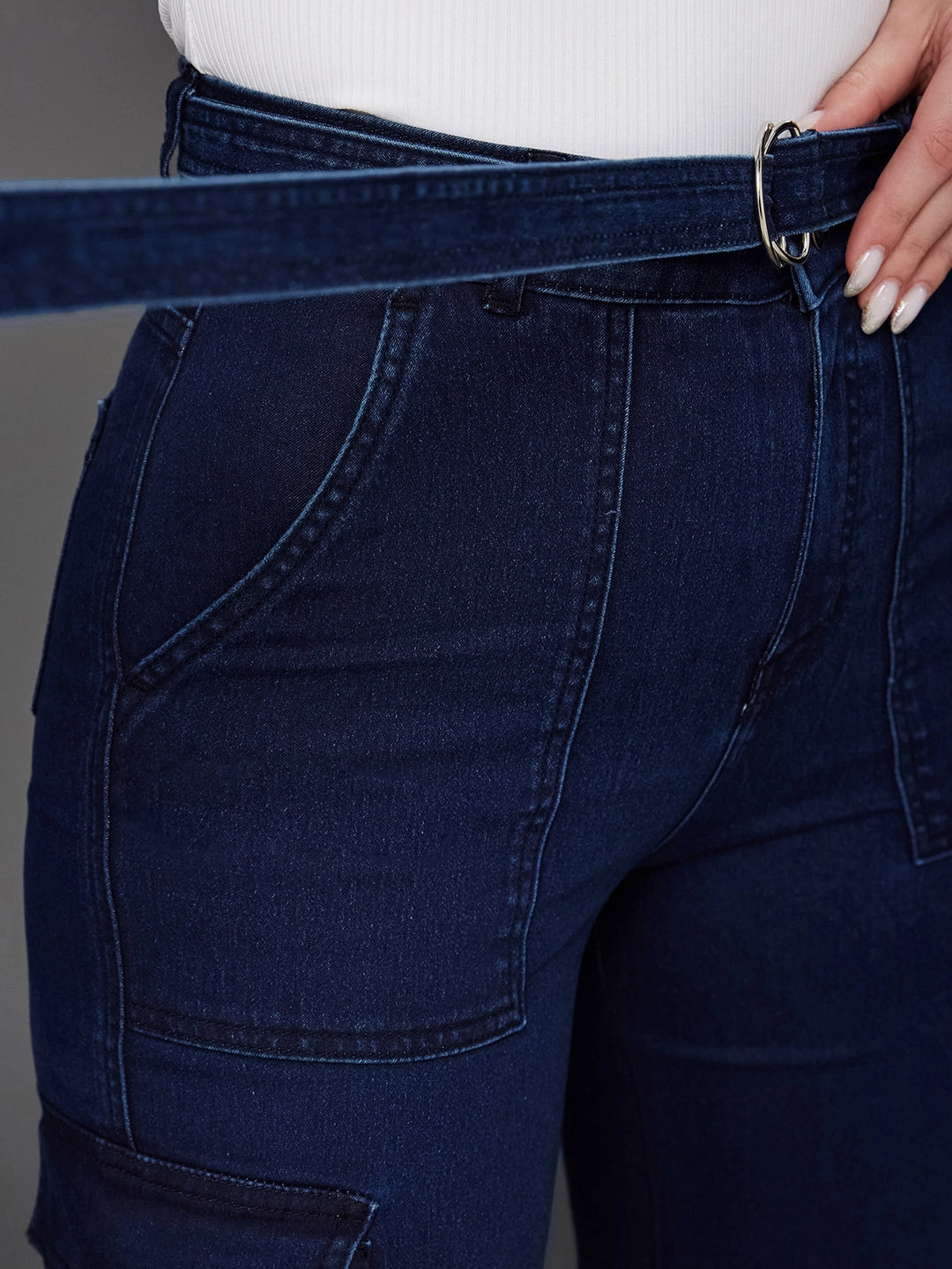 Neutral Smooth 24/7 Comfort Navy Blue Wide-Leg High-Rise Clean-Look Regular Stretchable Cargo Denim Jeans