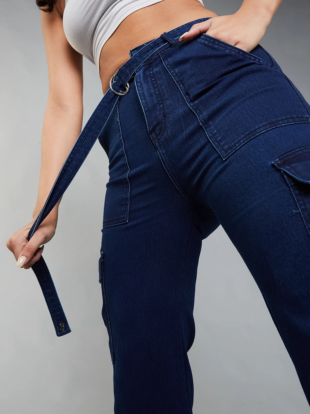 Soft Core Elegant Adult Fashion 24/7 Comfort Navy Blue Wide-Leg High-Rise Clean-Look Regular Stretchable Cargo Denim Jeans