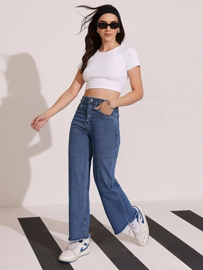 Chill Mode Style Statement 24/7 Comfort Navy-Blue Wide-Leg High Rise Regular-Length Stretchable Denim Jeans