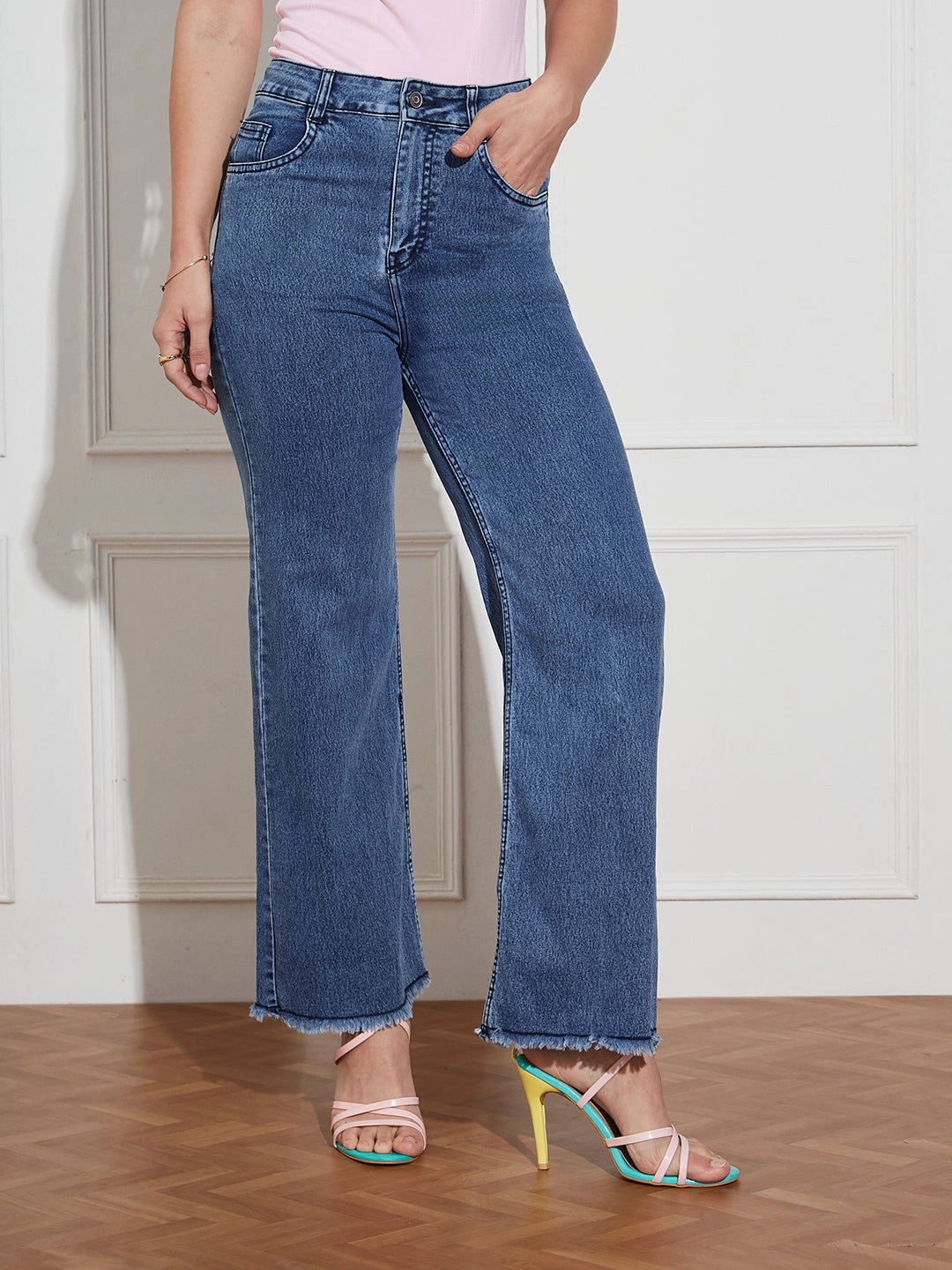 24/7 Comfort Navy-Blue Wide-Leg High Rise Regular-Length Stretchable Denim Jeans Effortless Waist