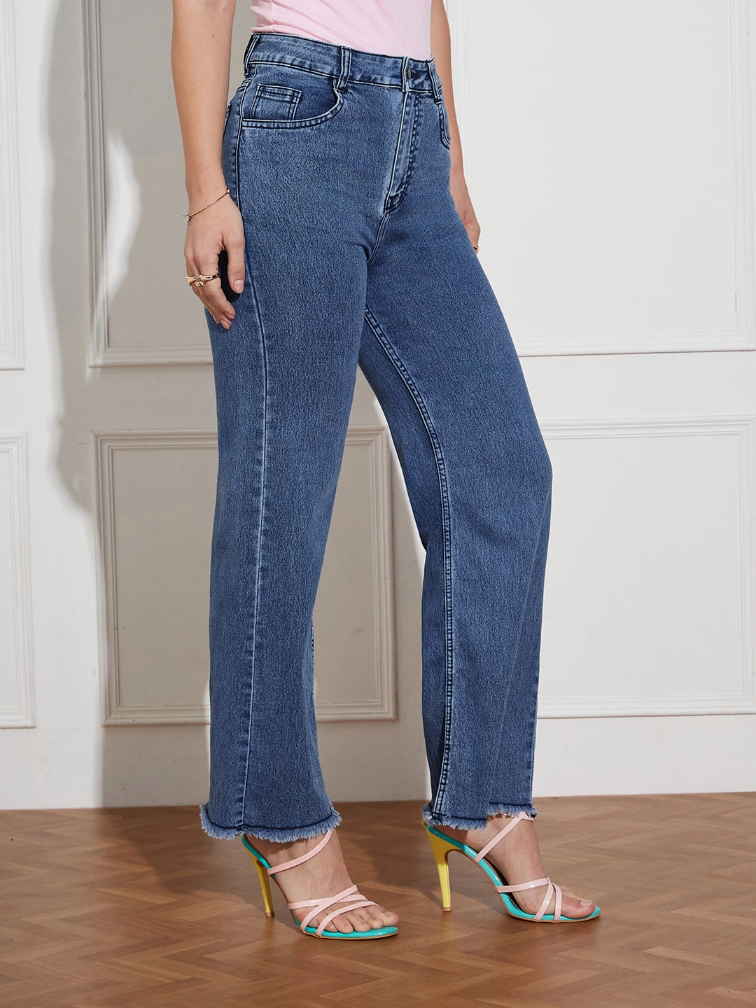 24/7 Comfort Navy-Blue Wide-Leg High Rise Regular-Length Stretchable Denim Jeans Moisture Wicking Technology Street Vibe